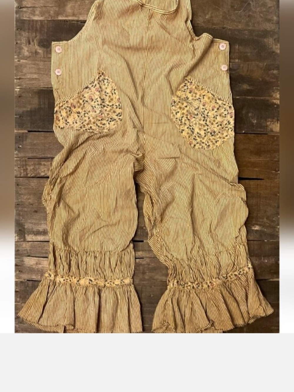 Striped Ruffled Overalls in Tan with Floral Pockets